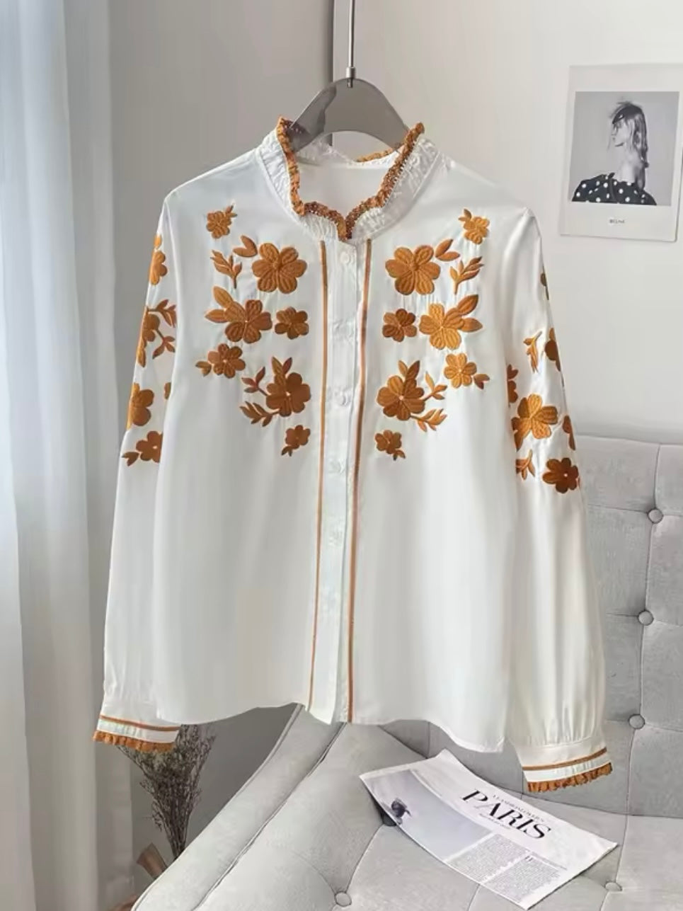 White and mustard embroidered shirt