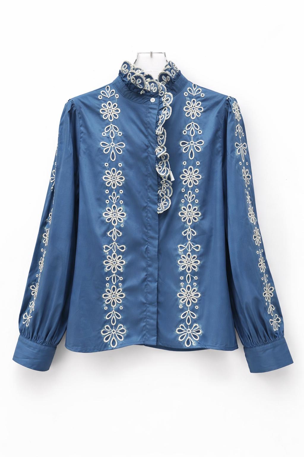 Blue and white floral embroidered cutout detail sleeves shirt)