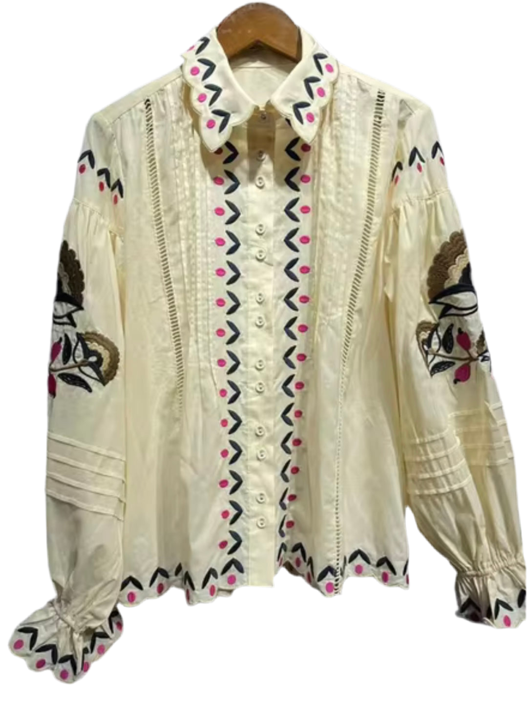 Beige floral embroidered bomber sleeves shirt