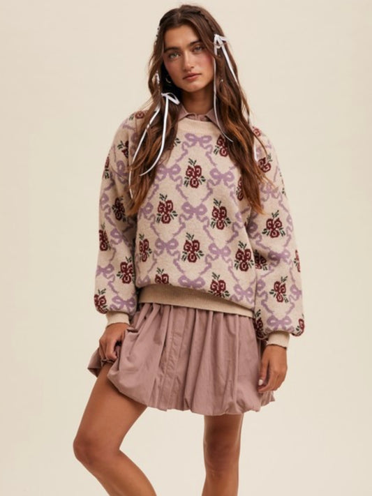 Bow and flower pattern oversized knit sweater