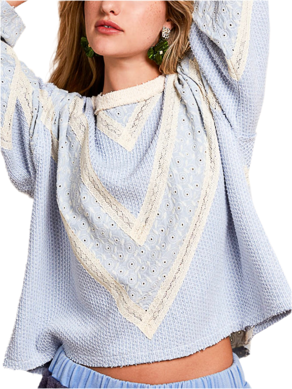 Light blue and beige waffle and lace fabric sweater