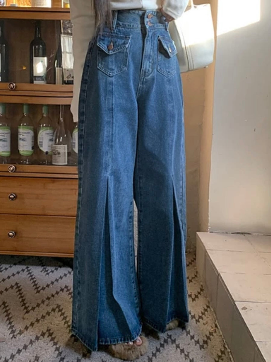 Blue jeans pleaded wide leg pants