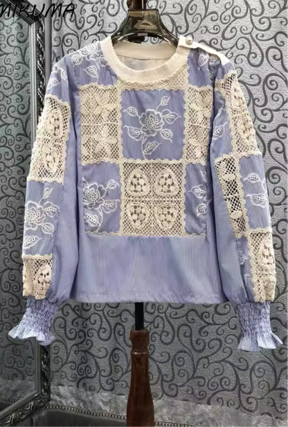 Ligh blue and white round neck mix fabrics shirt