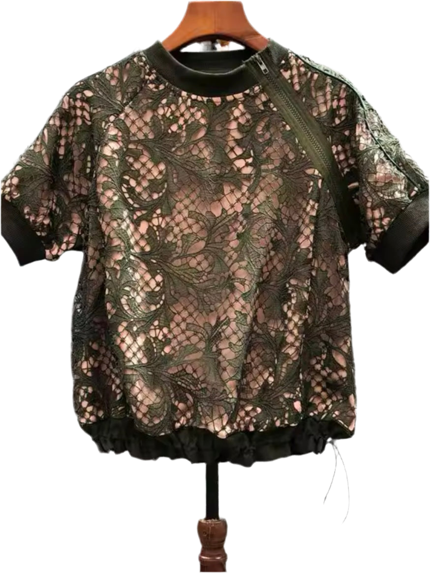 Dark green mix fabrics two layers lace short sleeves top