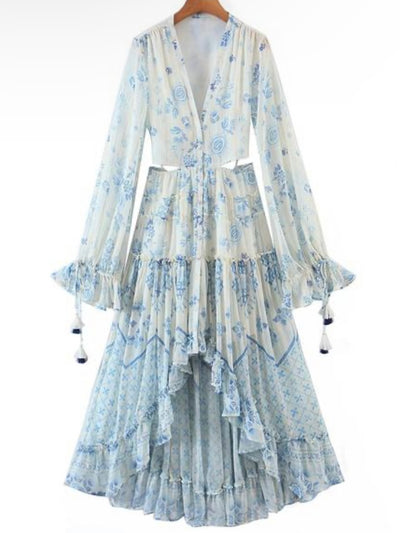 White and light blue roses print maxi dress