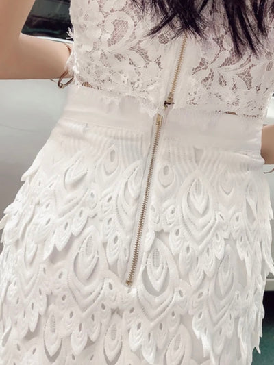White embroidered leaves set top and skirt