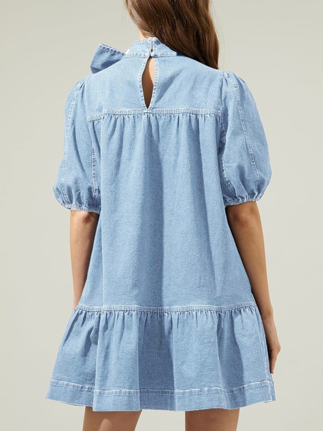 Deep blue short puff sleeves bow jeans short dress