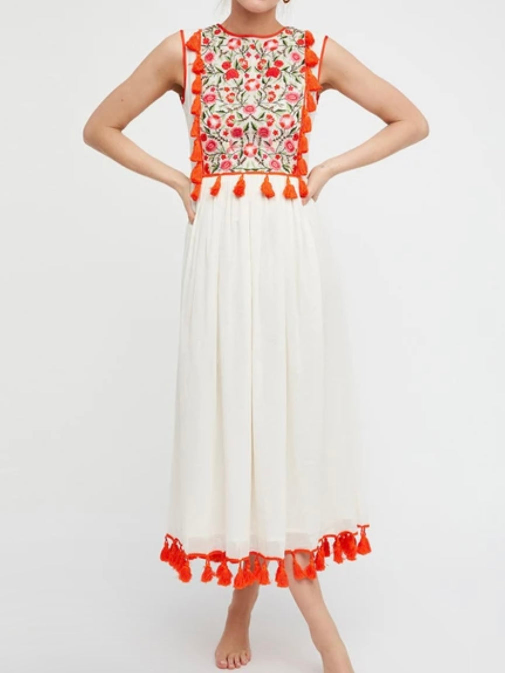 Red and white embroidered tassels maxi dress