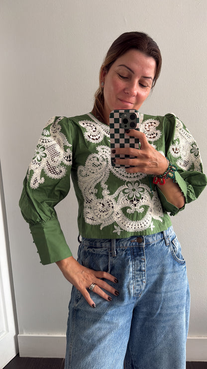 Dark green crochet floral lace shirt