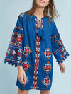 Bright blue embroidery long sleeve mini dress