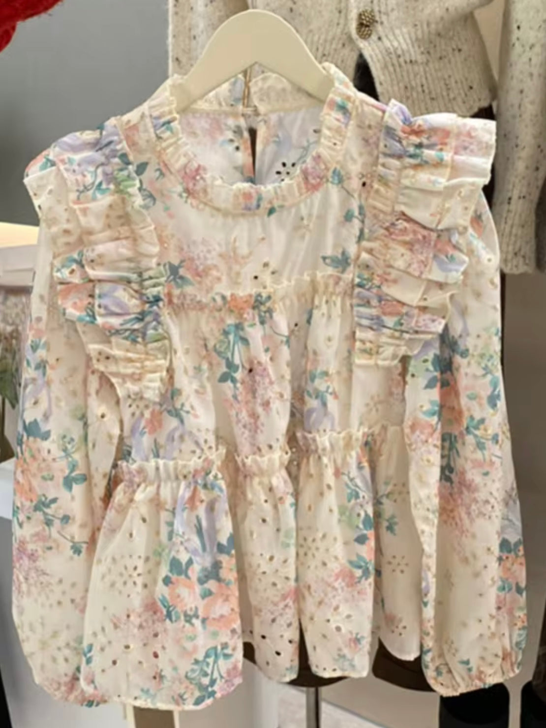 Floral print pastel colors ruffle details shirt