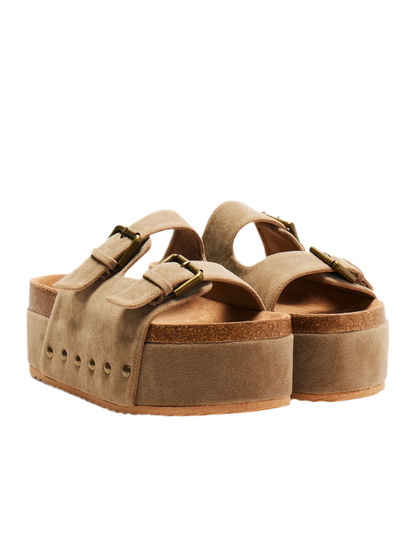 Light brown flat platform slides sandals