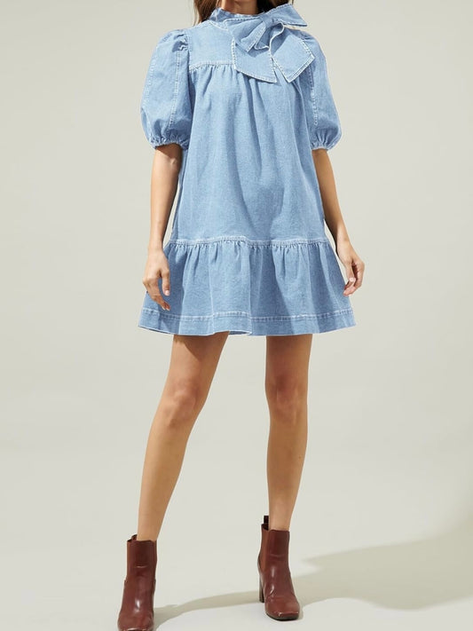 Deep blue short puff sleeves bow jeans short dress