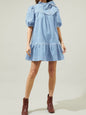 Deep blue short puff sleeves bow jeans short dress