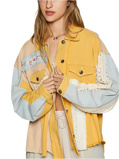 Yellow print patched mix fabrics shirt