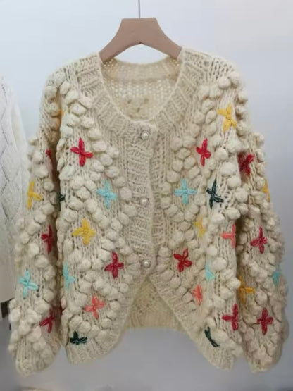 Beige 3D texture knitted pearls buttons sweater