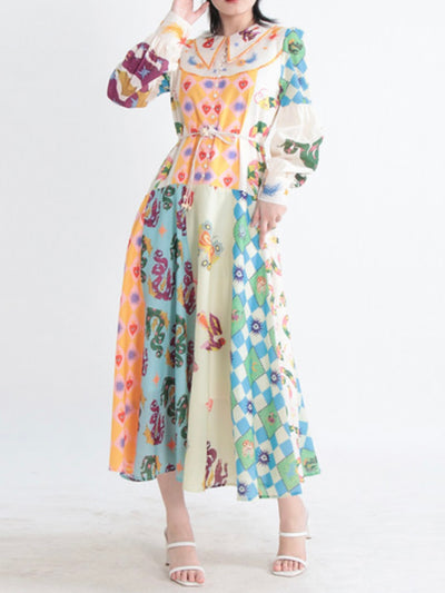 Beige and orange hearts, butterflies, snakes and sun maxi dress