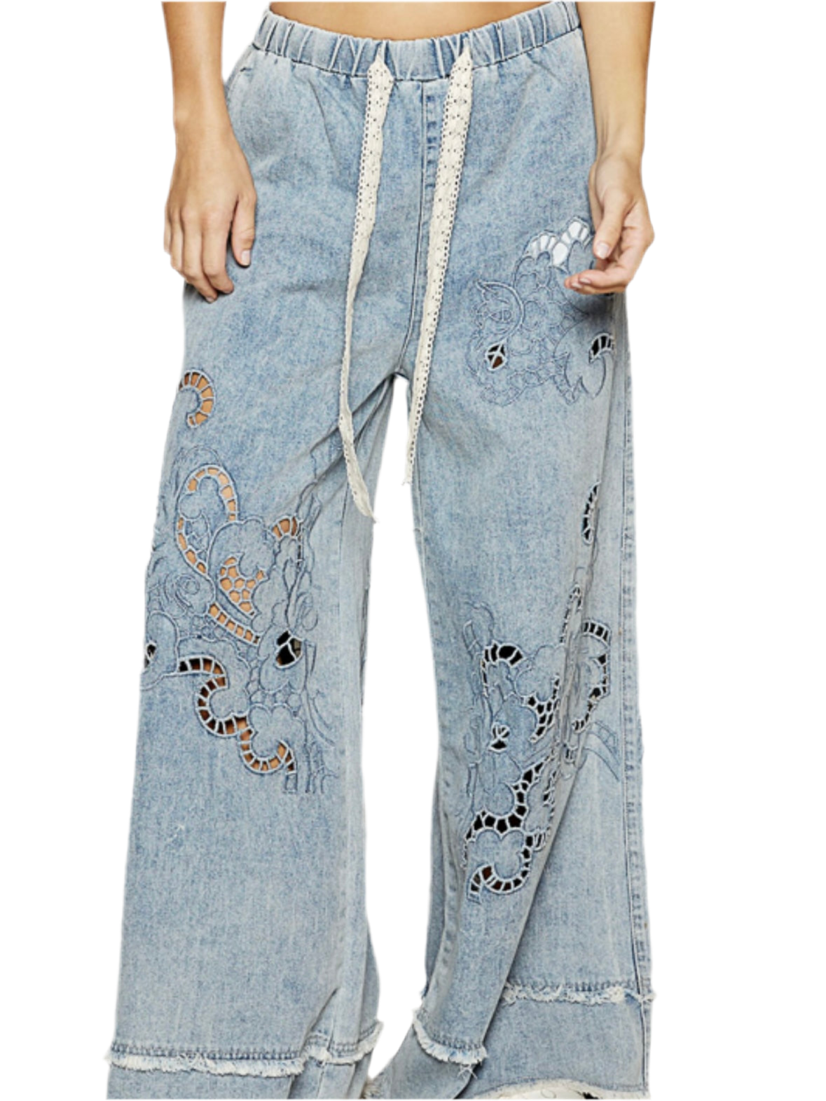 Wide lace blue jeans pants