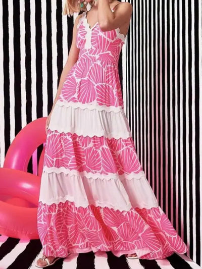 Fuchsia and white shells print maxi dress