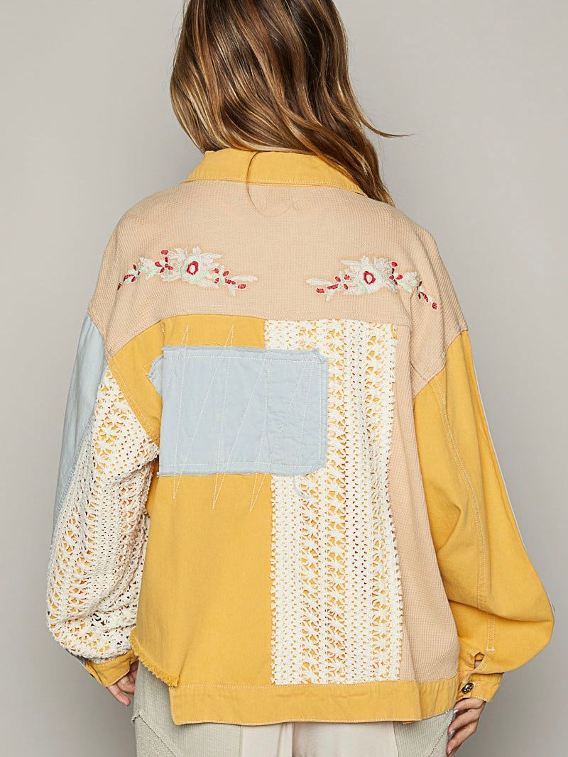 Yellow print patched mix fabrics shirt