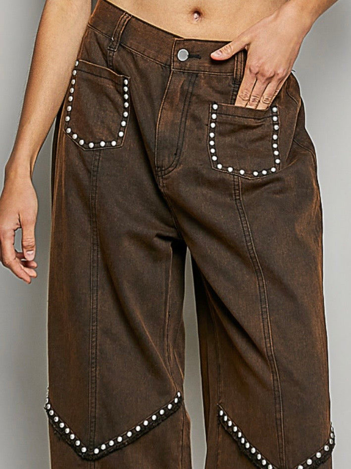 Brown studded wide leg jeans pants