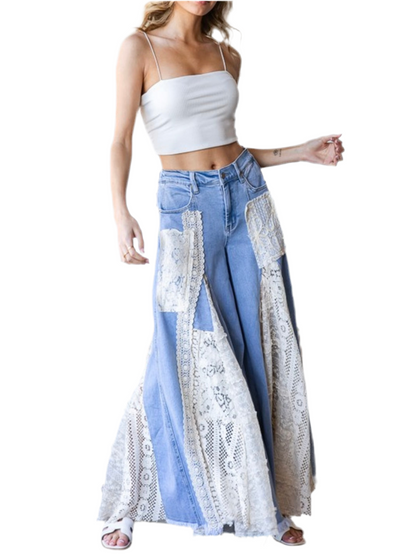 Mid blue and lace details boho wide leg pants