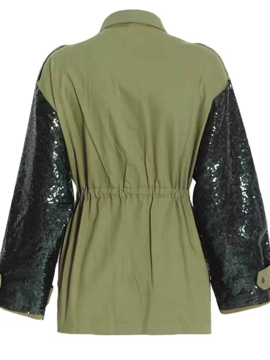 Green jeans sequins patches bubble sleeves jeans jacket