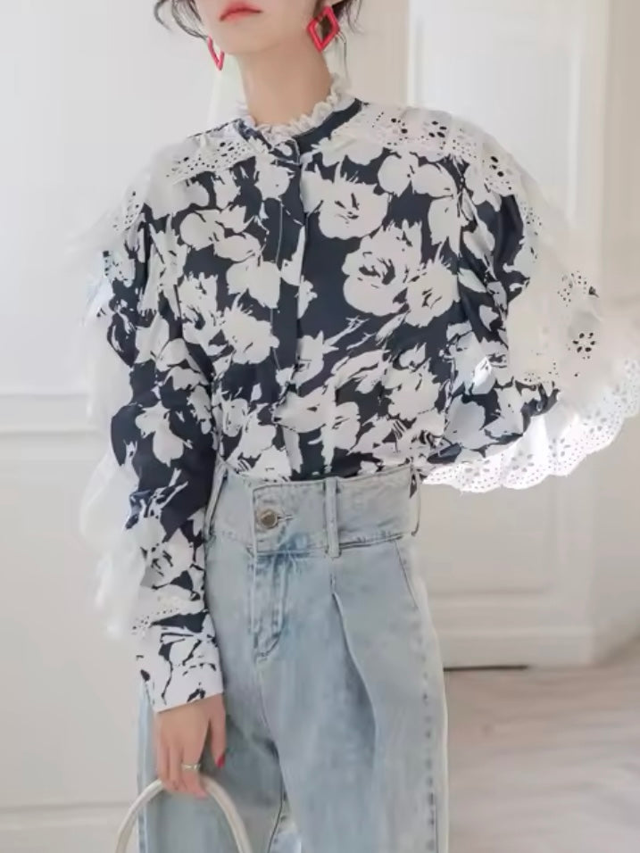 Olga blue floral lace details shirt