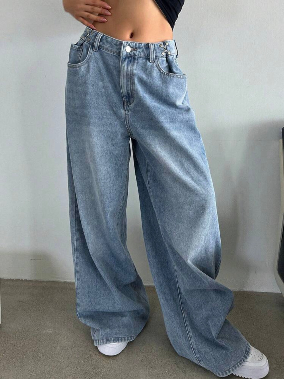 Blue jeans wide leg pleating clips pants