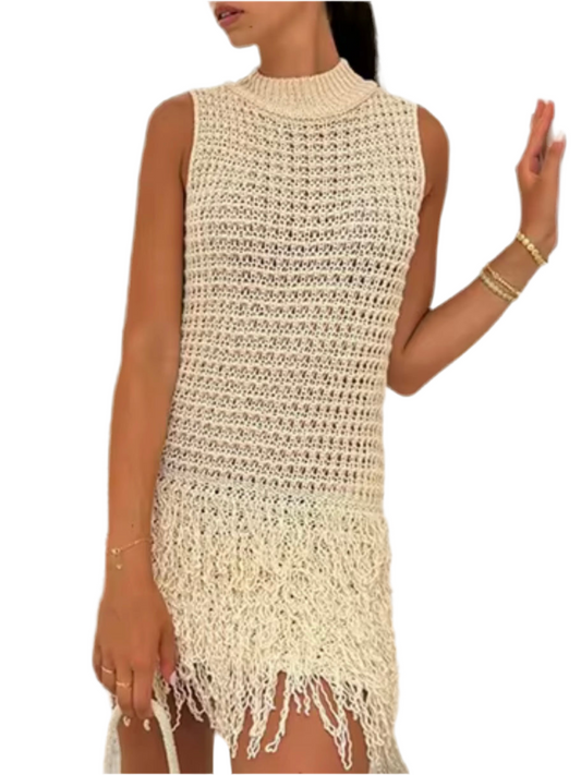 Beige sleeveless net crochet mini dress