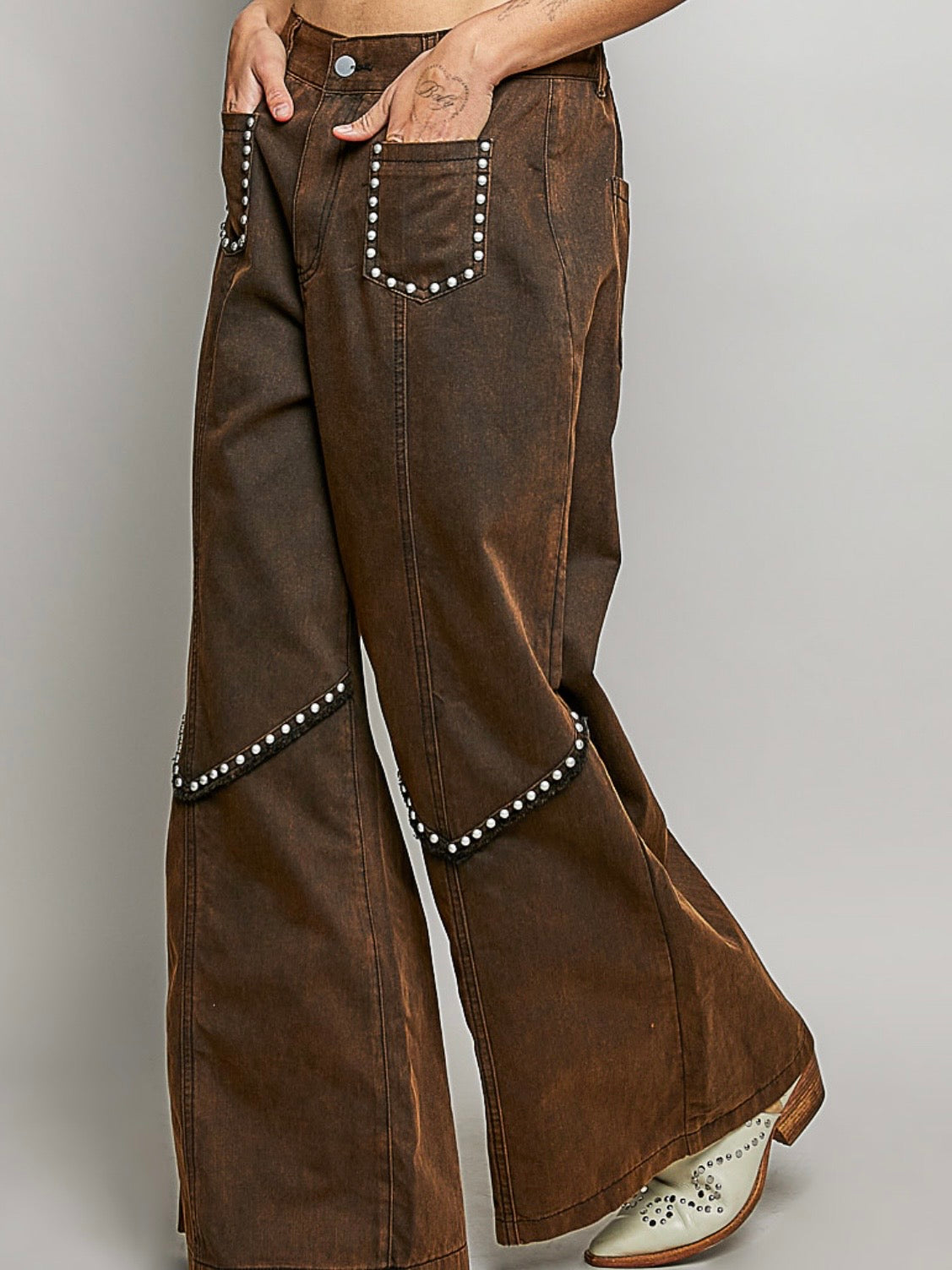 Brown studded wide leg jeans pants