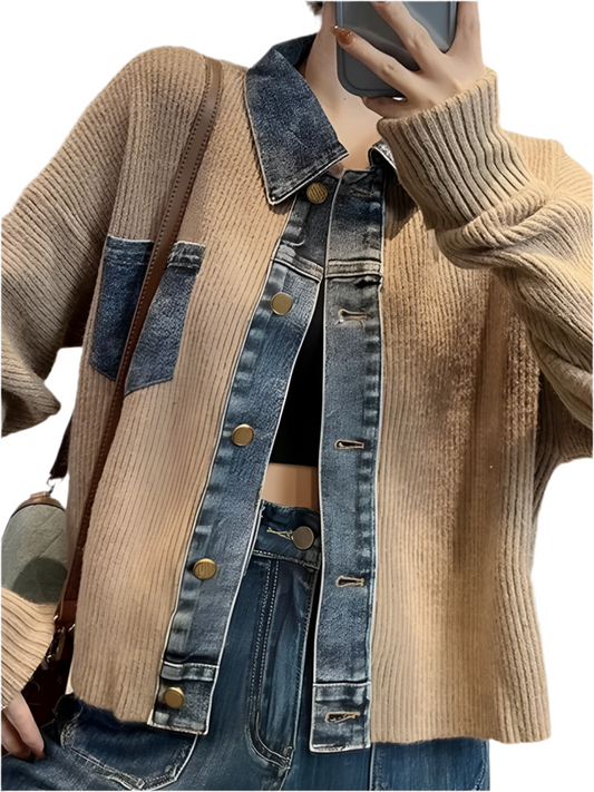 Mix fabrics denim woven jacket