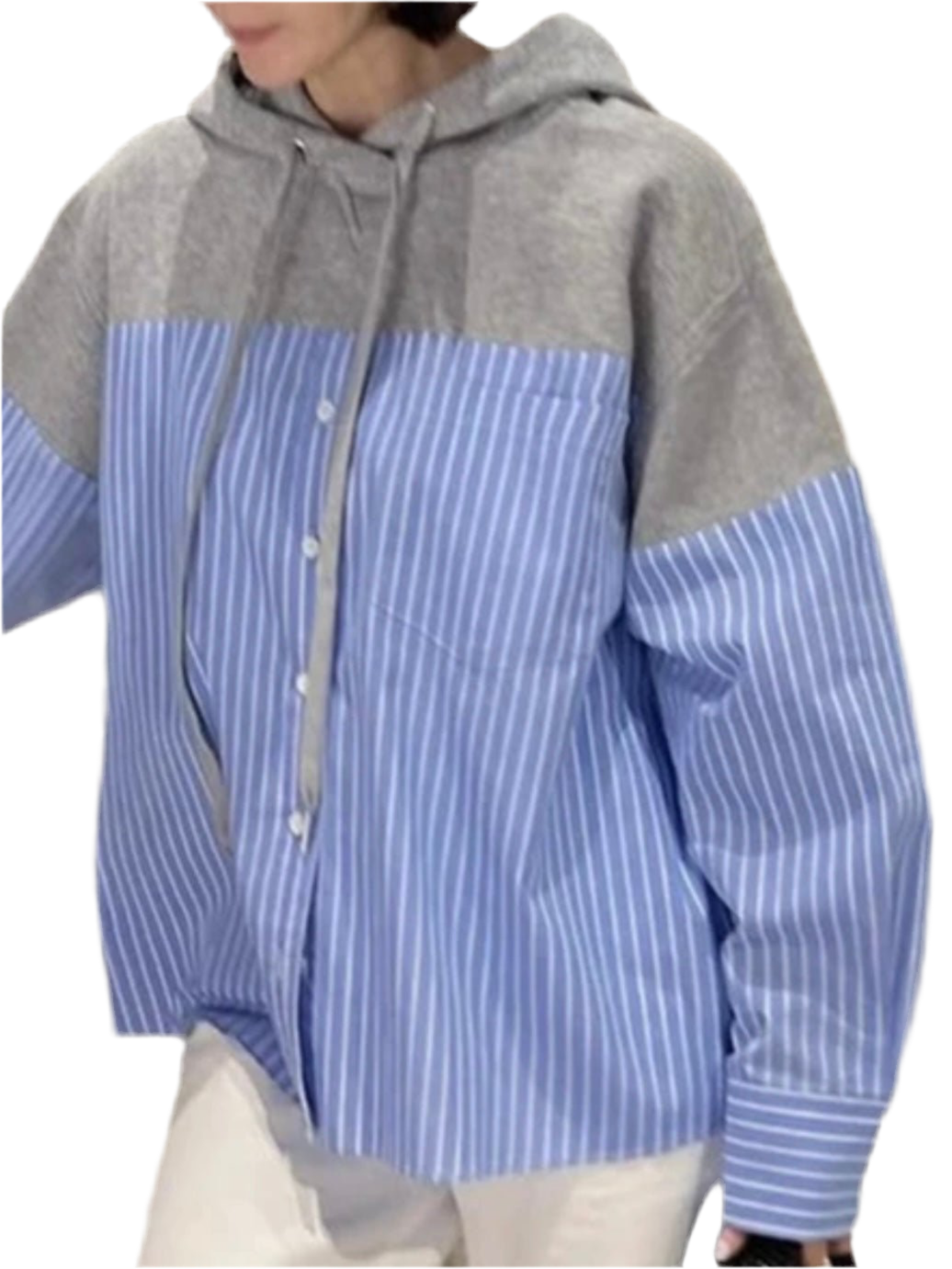 Gray, Light blue and white striped mix fabrics shirt