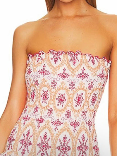 Summer fuchsia print strapless short dress