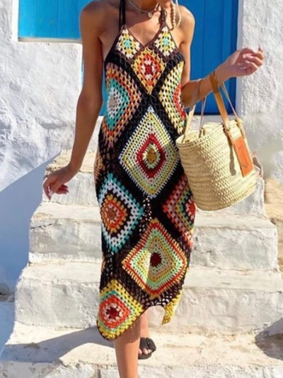 Black multicolored net maxi dress and cover up