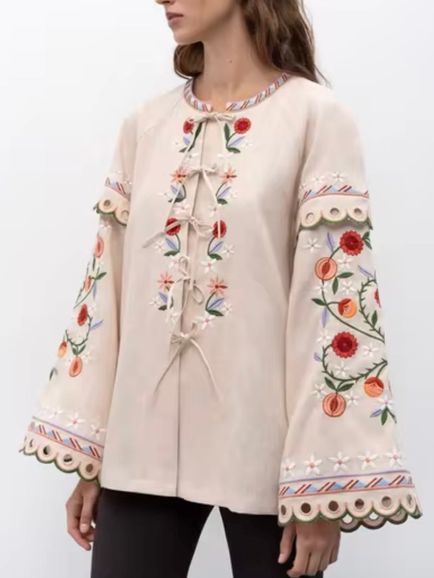 Beige floral embroidered wide sleeves shirt