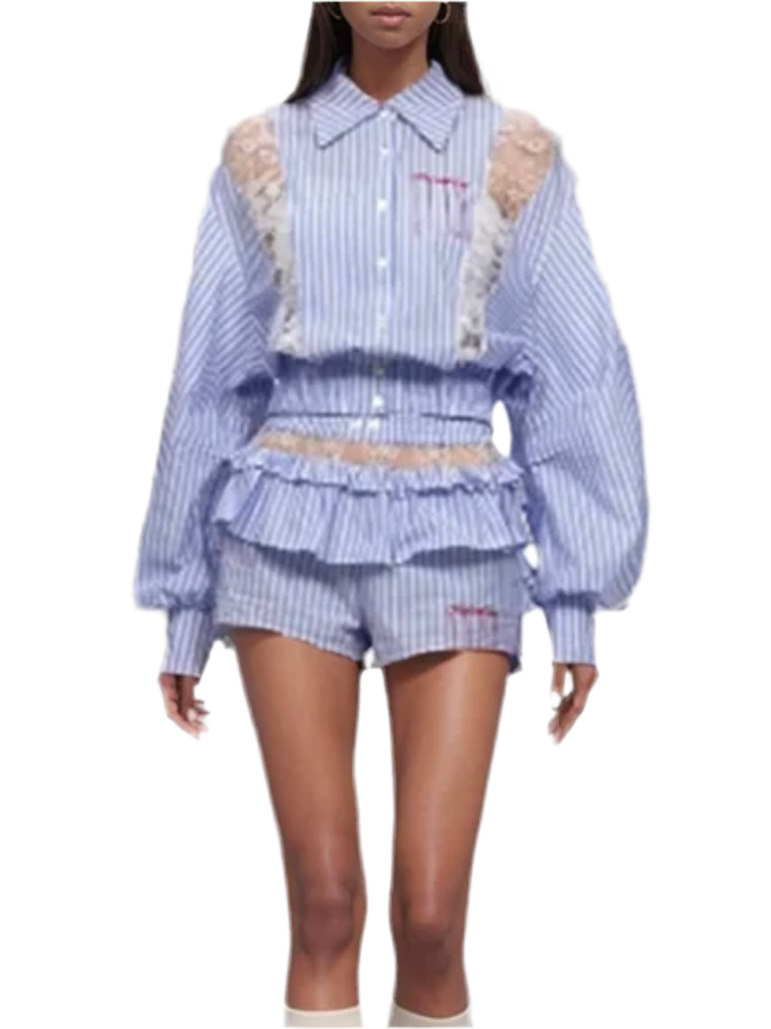 Light blue striped set shirt and mini skirt