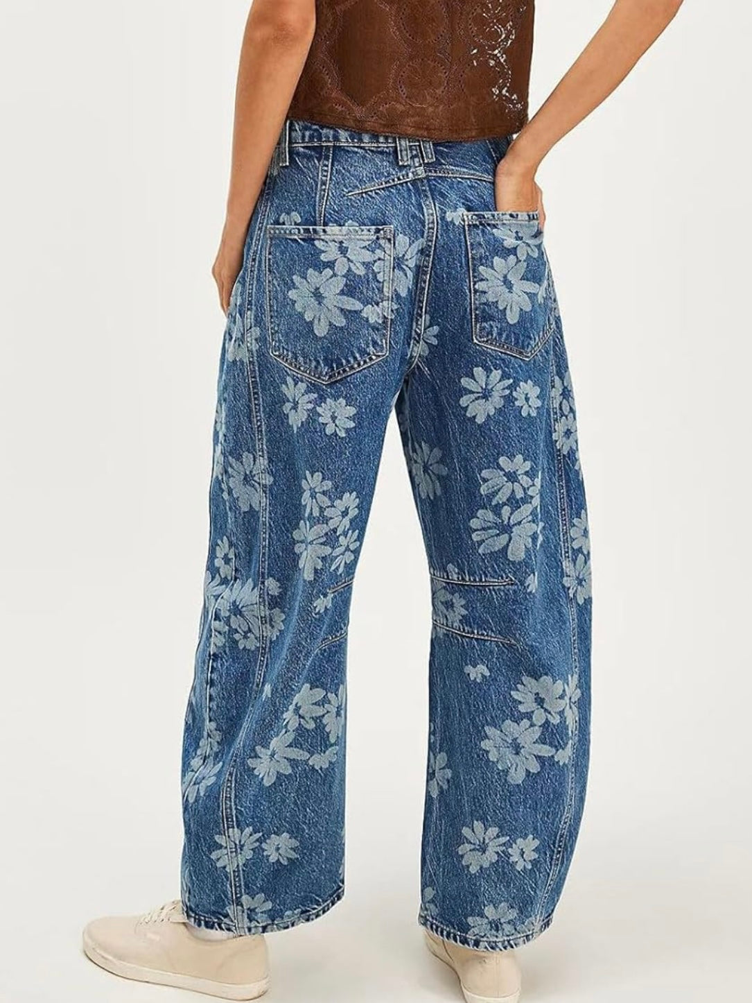 Blue floral barrel seams pants