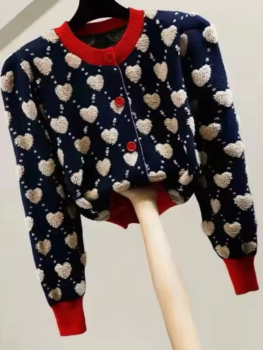 Hearts 3D texture knitted pearls sweater