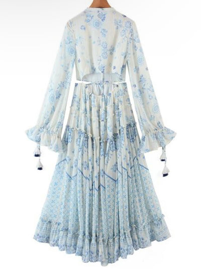 White and light blue roses print maxi dress