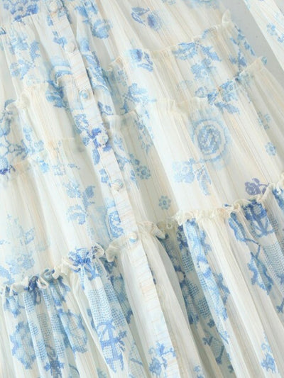 White and light blue roses print maxi dress