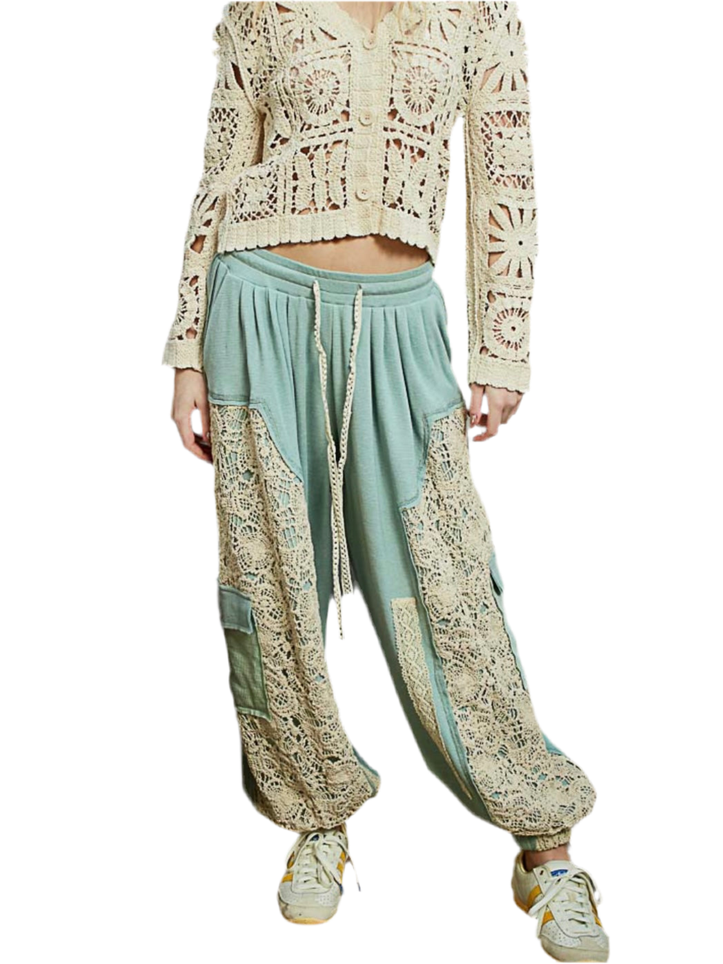 Turquoise and beige cargo crochet patched joggers