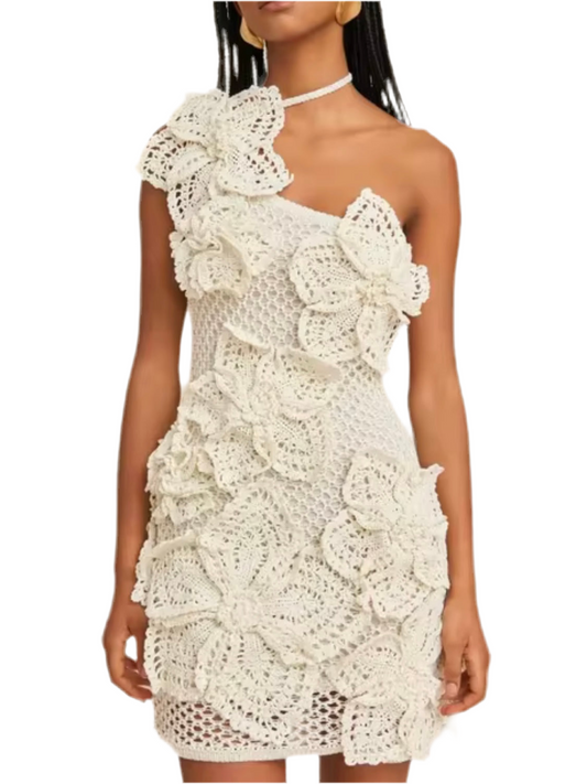 White sleeveless one shoulder flowers crochet mini dress