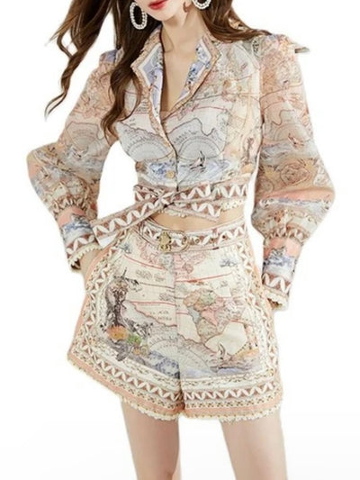 Beige map printed set embroidered top and short