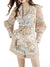Beige map printed set embroidered top and short