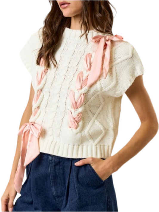 Satin bow off white solid cable knit top