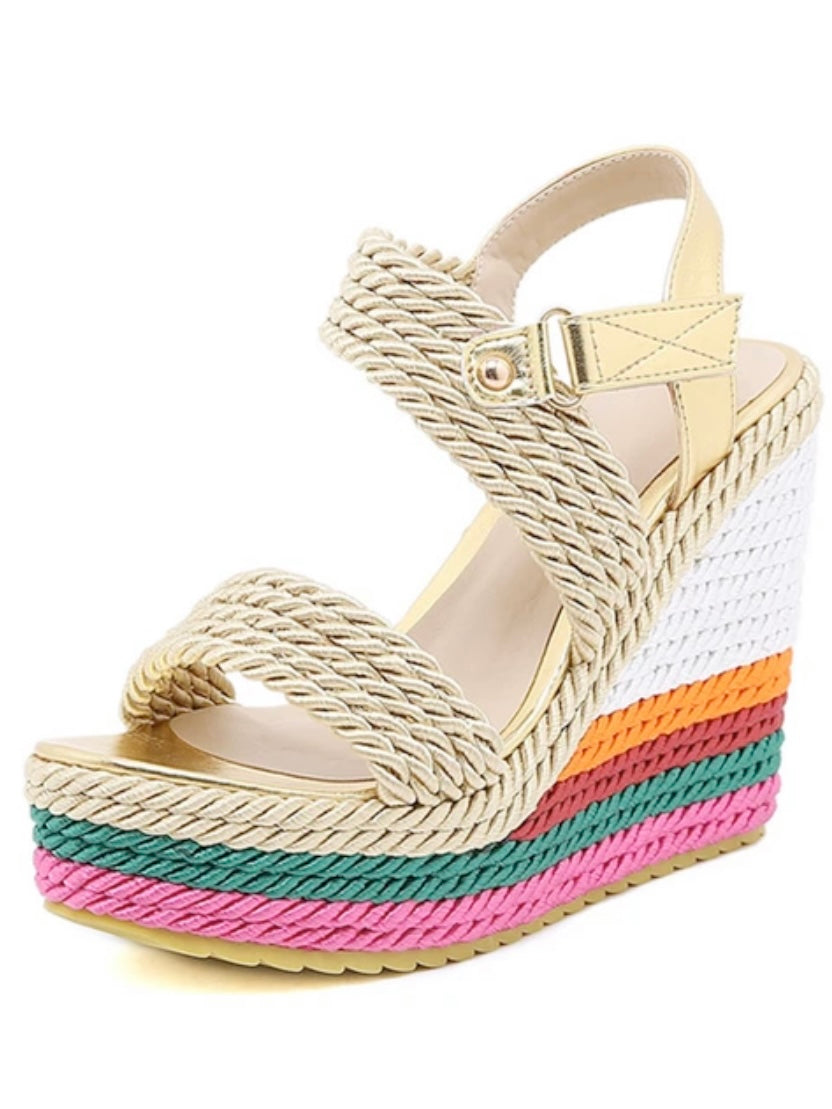 Rainbow and gold wedge high heels sandals