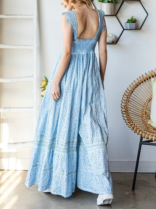 Blue washed eyelet jumpsuit