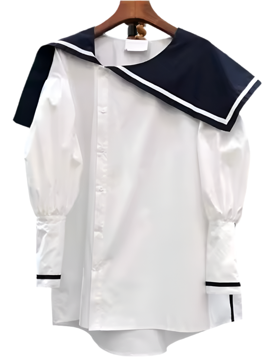 White and navy blue mariner inspired big neck shirt