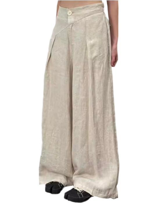 Beige pleats loose wide linen pants